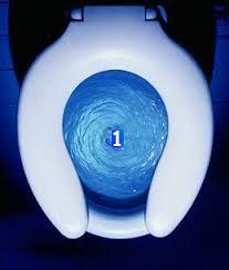 Swirling blue toilet bowl with 1