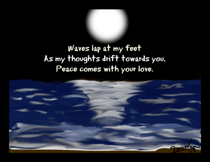 haiku image of moonling on ocean waves