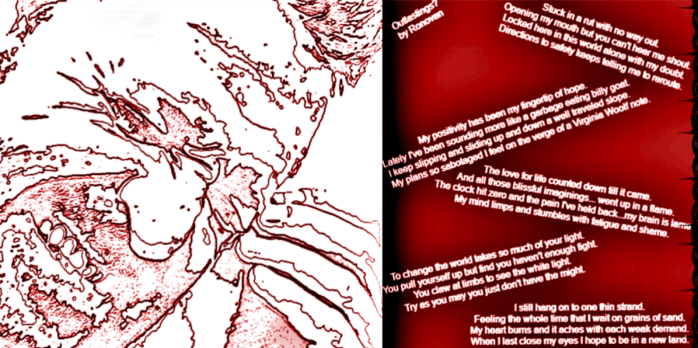 Man in pain beside poem on right.