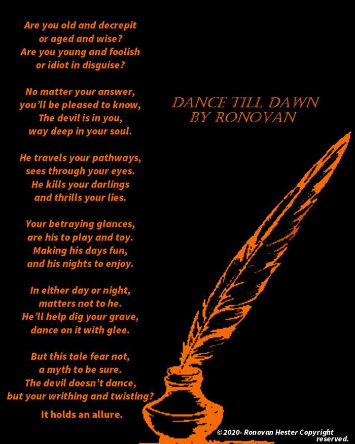 Dance till dawn poetry image. Orange letters on black background. Orange quill and inkwell.