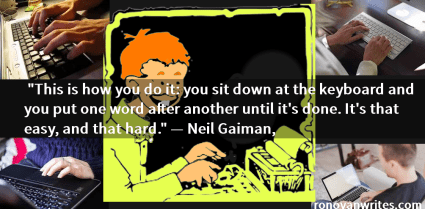 Neil Gaiman quote in white text on background of people typing and a retro comic strip character.